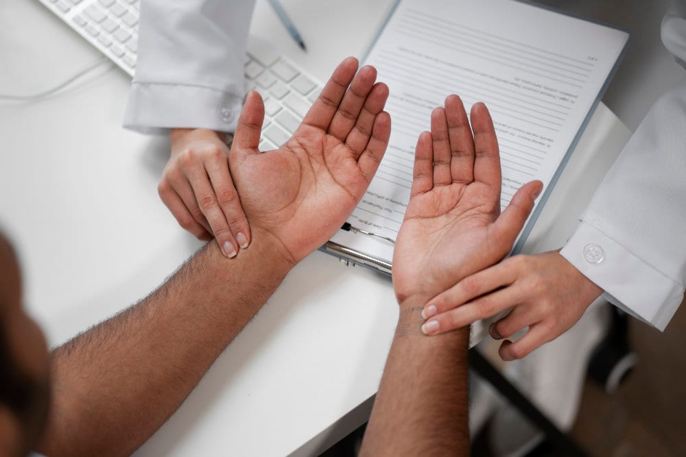 Dr Dharshen Naicker examining a patient's hand